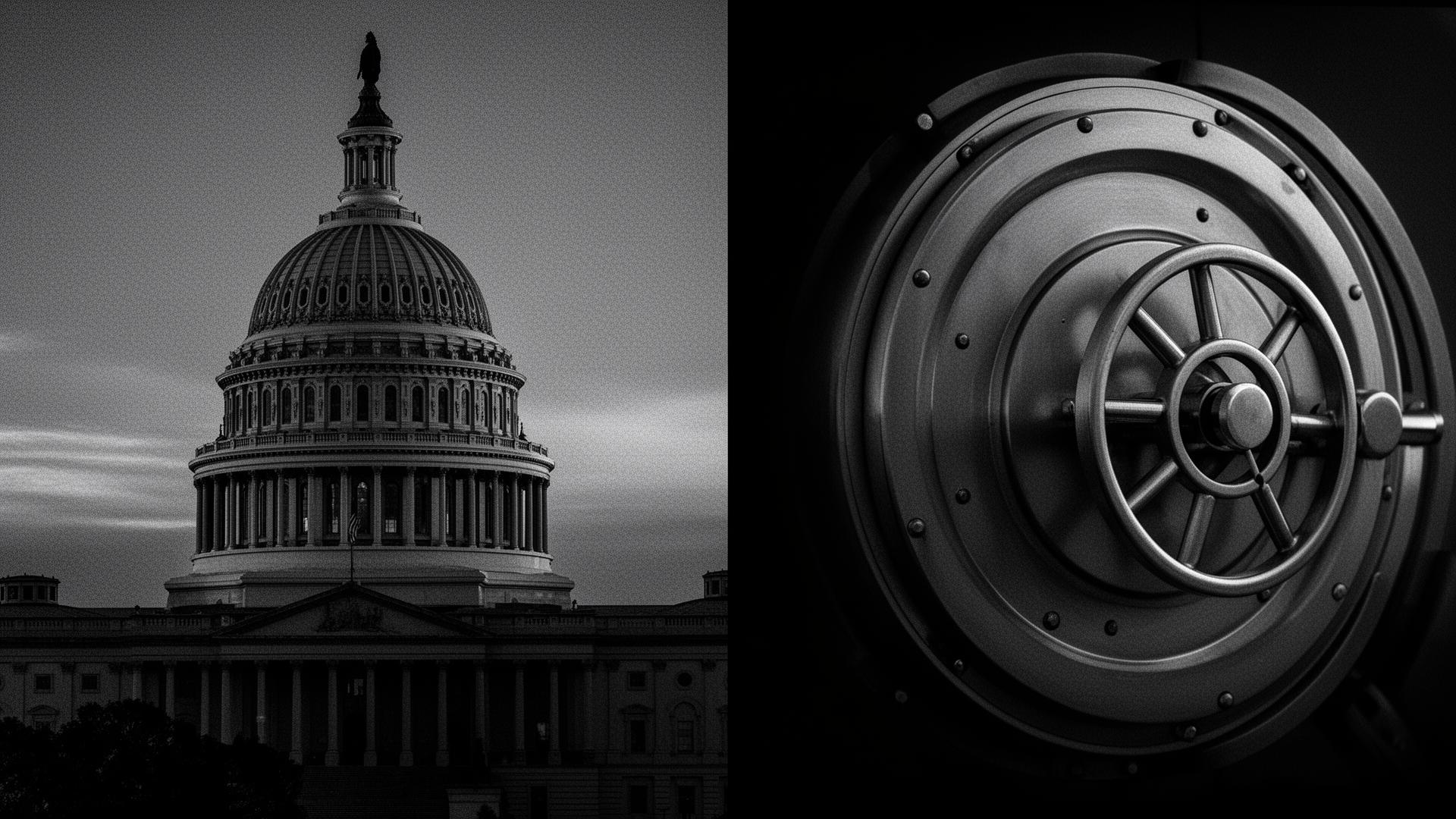 Capitol dome paired with a bank vault door — the substantial-similarity frame between bank and tokenised-issuer controls