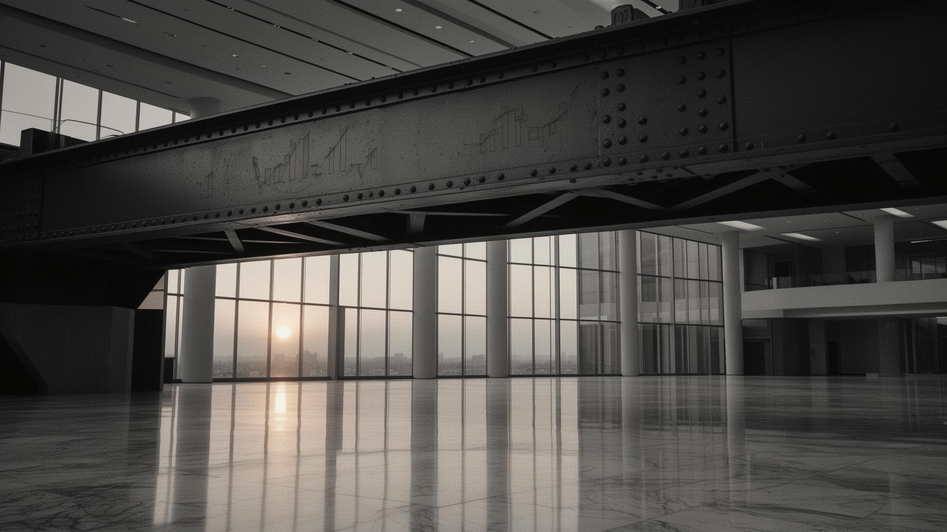 Steel girder above an empty corporate atrium at dawn — symbolic of governance above the rail