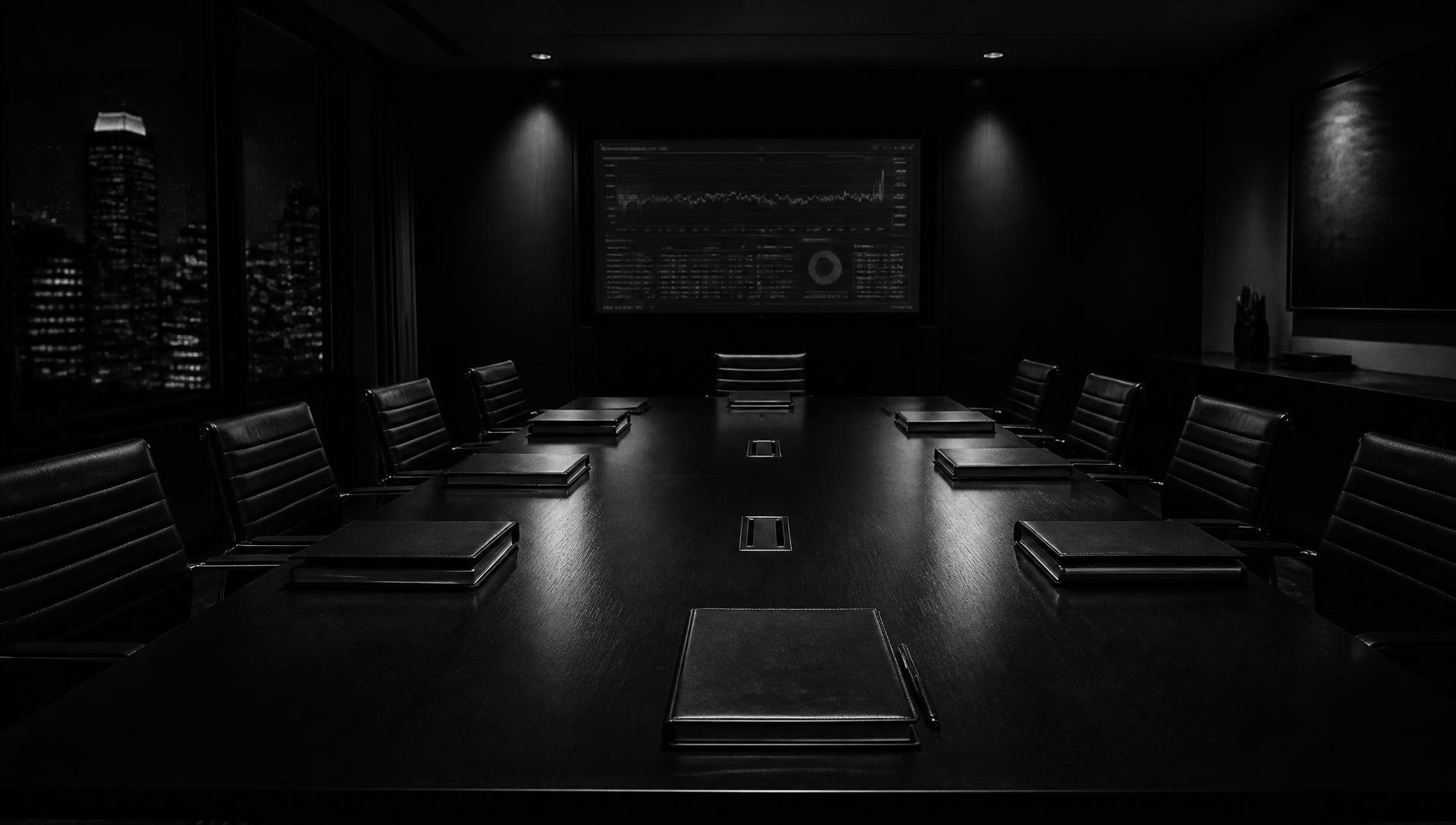 Empty institutional risk-committee boardroom at night with a single unattended limit dashboard on the wall