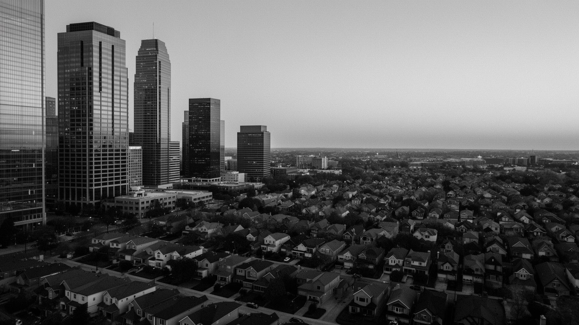 Black and white aerial view of a financial district with adjacent dense residential housing — Cabier private credit, pension and mortgage flagship 2026