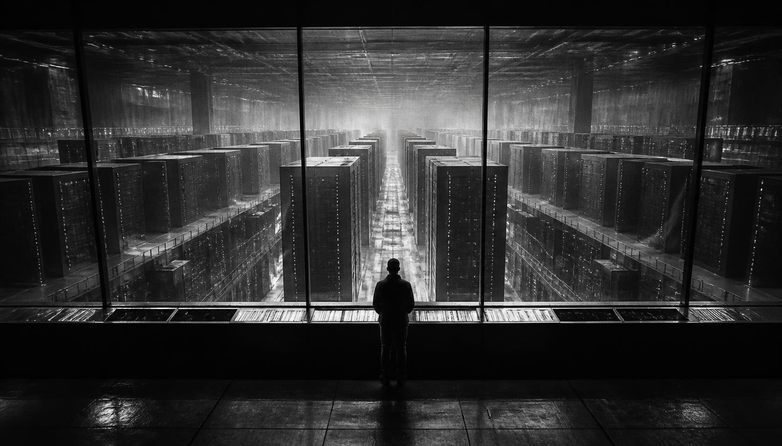 Sovereign data hall viewed from a glass supervisory gallery, a single figure at the control railing
