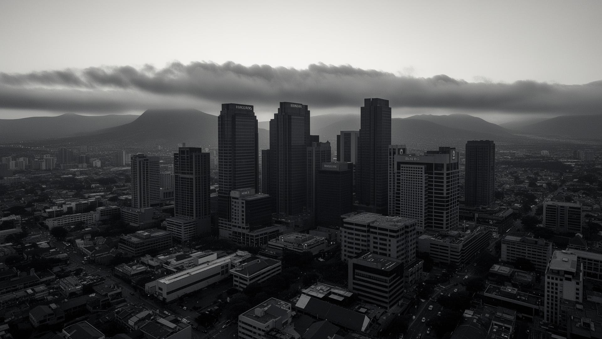 African financial district skyline at dawn, monochrome — symbolic of governance above the African tokenisation rail